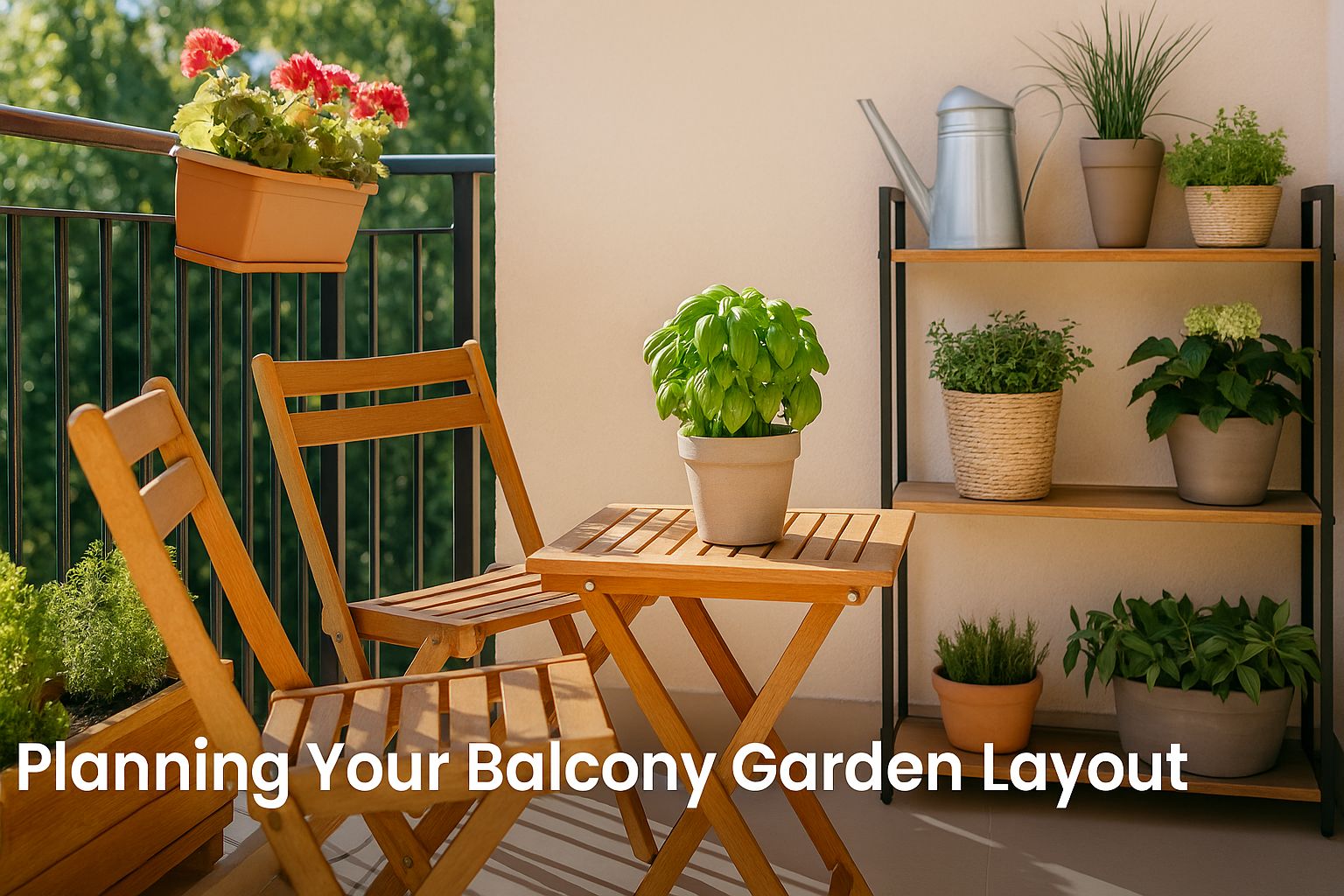 Balcony garden with folding wooden furniture, vertical shelving, and potted herbs demonstrating practical planning for garden layouts – Urban Plant.